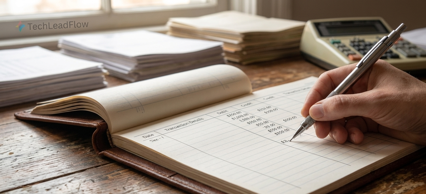 Why Small Businesses Still Need Physical Log Books and Ledgers in 2026 A professional cash-flow ledger book open on a desk with a clean grid-based layout