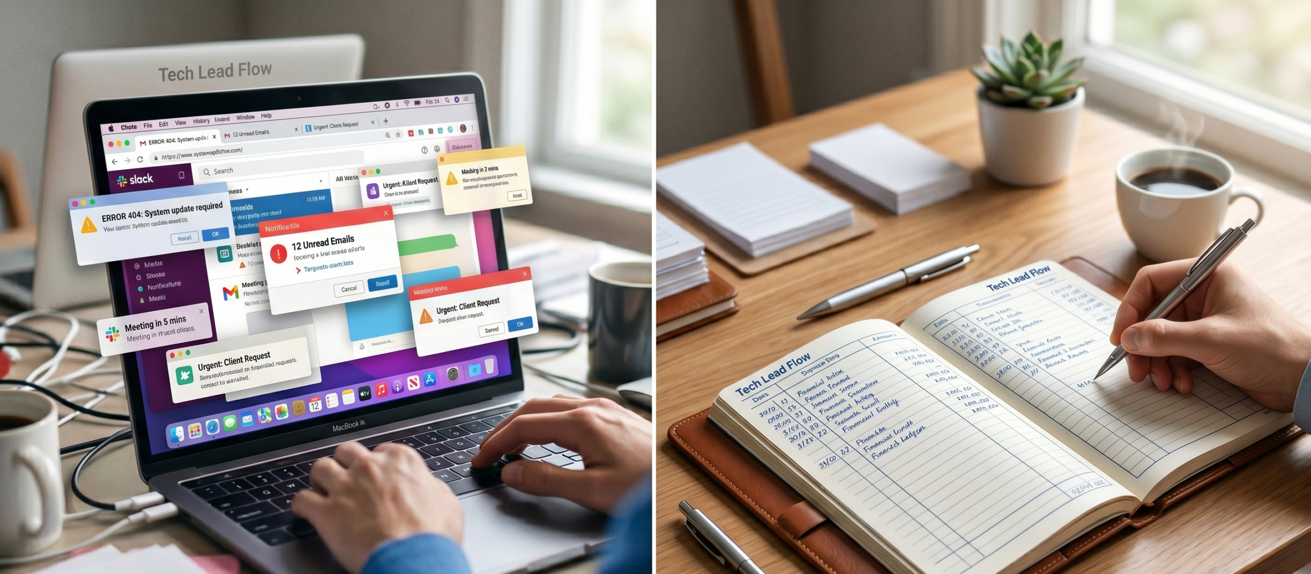 Why Small Businesses Still Need Physical Log Books and Ledgers in 2026 Digital notification distraction vs focused manual bookkeeping with a physical ledger