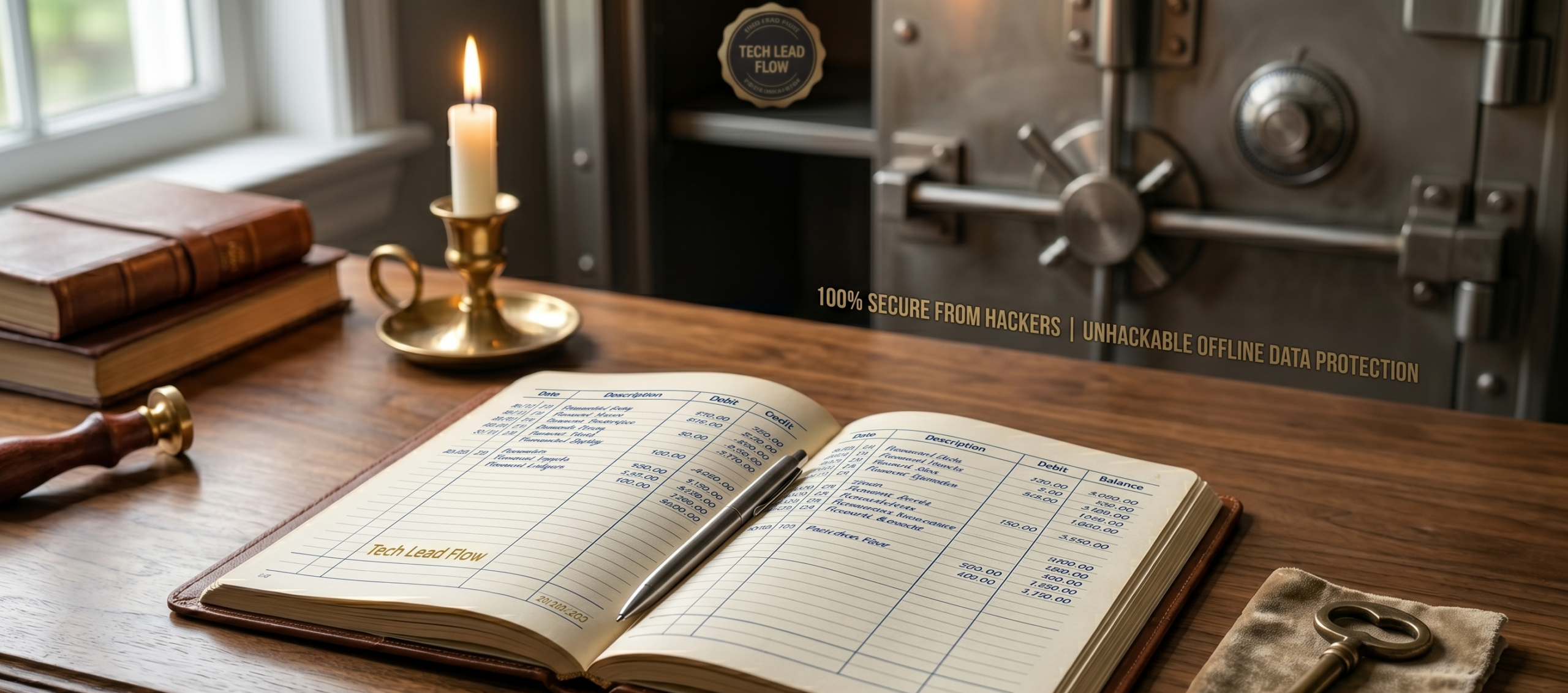 Why Small Businesses Still Need Physical Log Books and Ledgers in 2026 Secure physical paper ledger on a desk with a key and Tech Lead Flow logo representing unhackable offline data protection