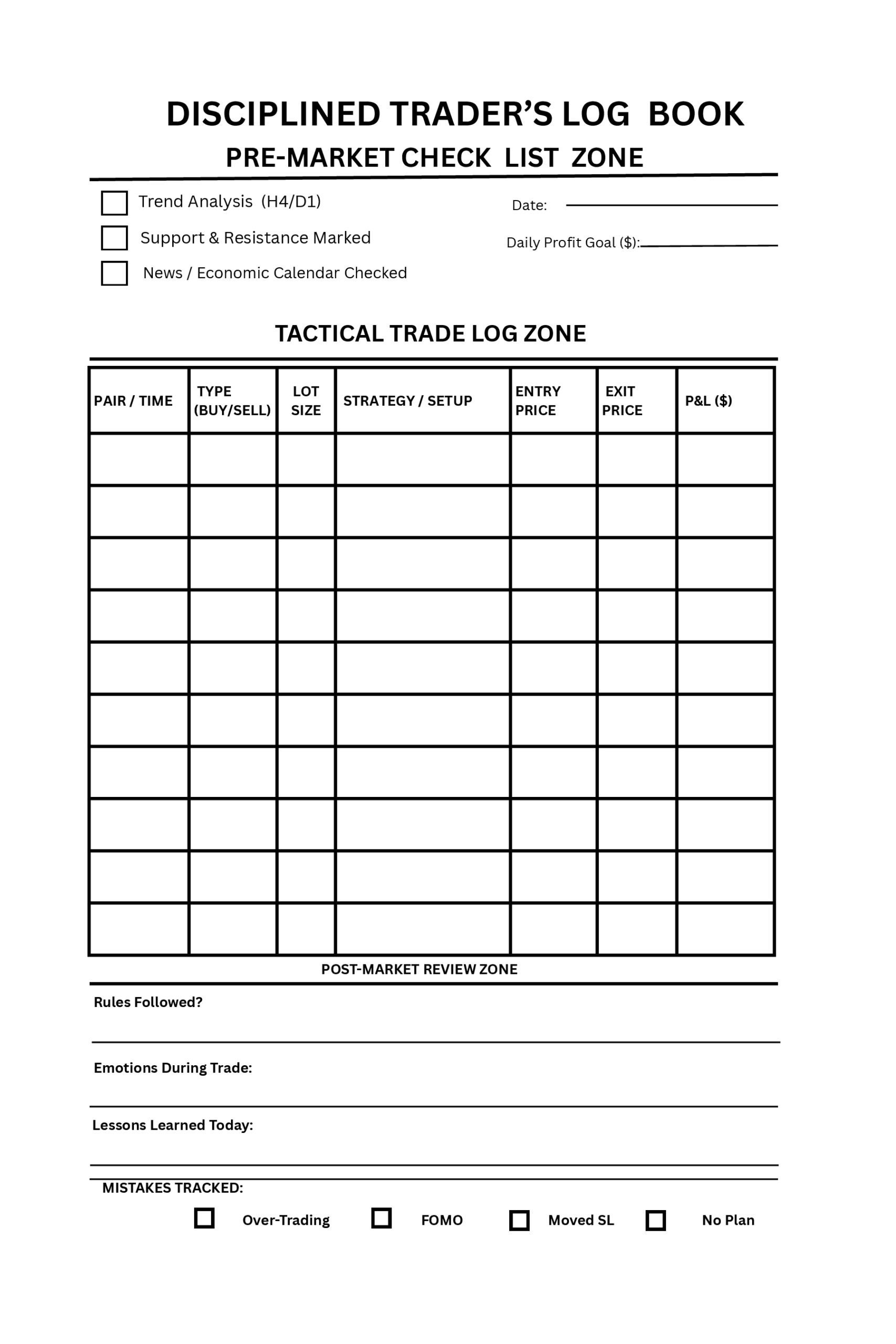 Disciplined Trader Log Book interior page layout by Faisal Salman